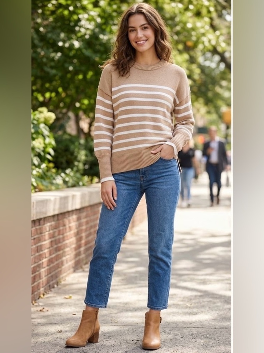 Philosophy Taupe and White Striped Crewneck Sweater